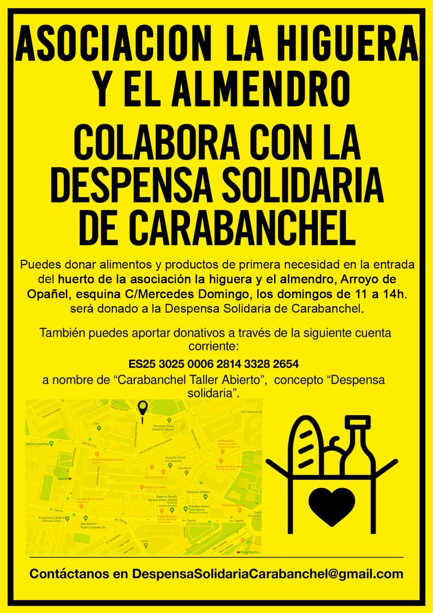 Este domingo, como todos los demás, la <a href="/ACHigueraOpanel/">AC Plataforma Opañel</a> recoge donaciones para la Despensa en su huerto de Opañel.

Necesitamos donaciones de:
Pañales tallas 3,4,5 y sobre todo 6
Leche de crecimiento 1,2 y 3
Potitos de fruta y de comida
Jabón de bebé