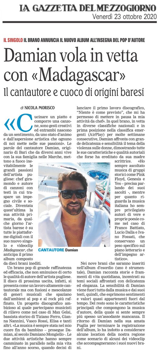 DAMIANOfficial7's tweet photo. Grazie a Nicola Morisco per questa recensione 🔝 e a
La Gazzetta del https://t.co/EZbMTvp60z
Grande stima per questo #quotidiano che rappresenta il nostro meridione, in particolar modo i #pugliesi.
Oggi in #edicola ...
#comunedibari #regionepuglia #progettodiscografico https://t.co/nbnlUswOkR