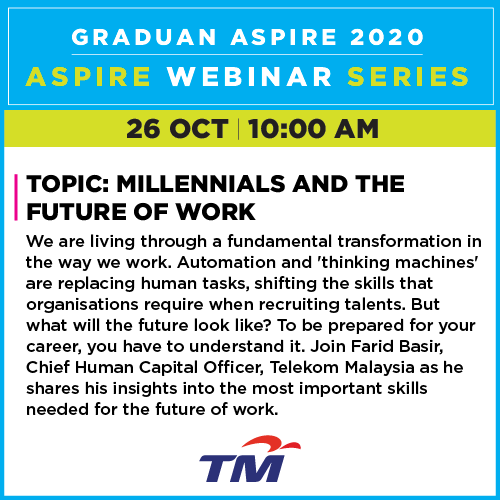 Graduan's tweet photo. Farid Basir, Chief Human Capital Officer of @myTMgroup will be sharing insights on the most important skills needed for the future of work. Join us and pick his brain on 26th of October, 10 am on https://t.co/WEKq9QIofy 🥳💼
#ASPIREVirtual
#JobsChangeLives
#GRADUANASPIRE https://t.co/2Pum1fX5XP