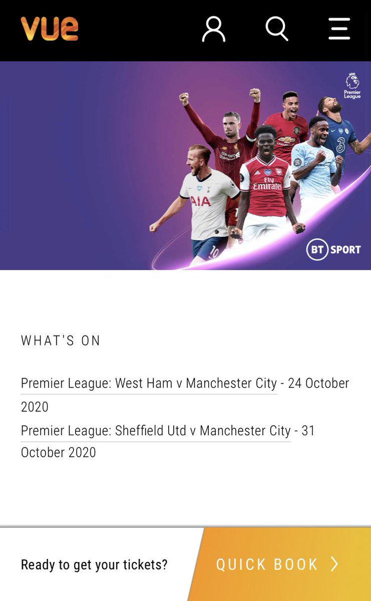 Meanwhile fans wanting to watch Man City v West Ham tmrw & and Sheff U v Man City on Oct 31 are not allowed inside the stadia. But they can watch the matches indoors - at selected cinemas.  https://www.myvue.com/big-screen-events/sports