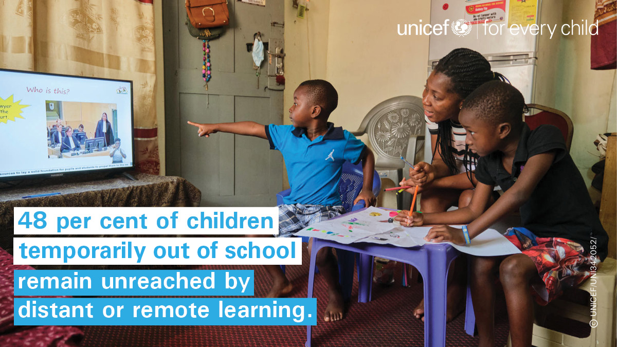 48% of children temporarily out-of-school in West and Central Africa remain unreached by distant or remote learning. We must invest in bridging the digital divide to provide an education #ForEveryChild. #BackToSchool