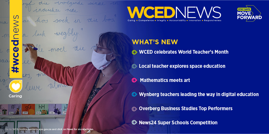 WHAT'S NEW! Local teacher explores space education, News 24 is running a Super Schools Competition and Wynberg Girls Teachers are leading the way in digital education. Read these stories and more: wcedonline.westerncape.gov.za/wced-news