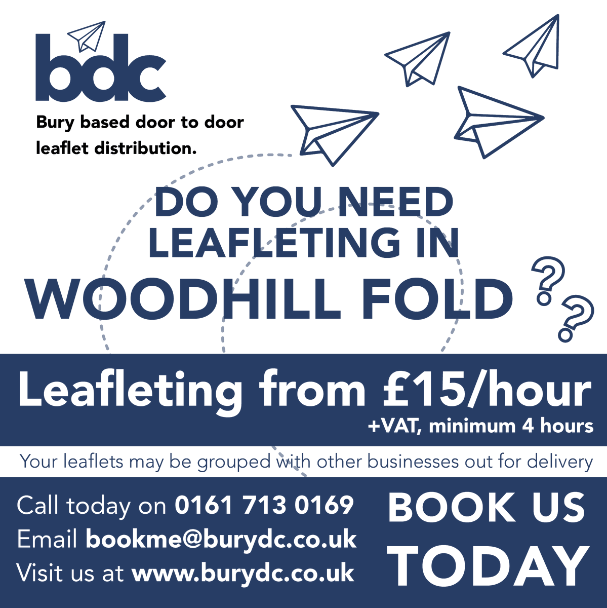 📮 Leafleting from £15/hour +vat (minimum 4 hours)
Do you need #leafleting in #WoodhillFold ?
☎️ Call today on 0161 713 0169
📥 Email bookme@burydc.co.uk
🖥️ Or visit burydc.co.uk
