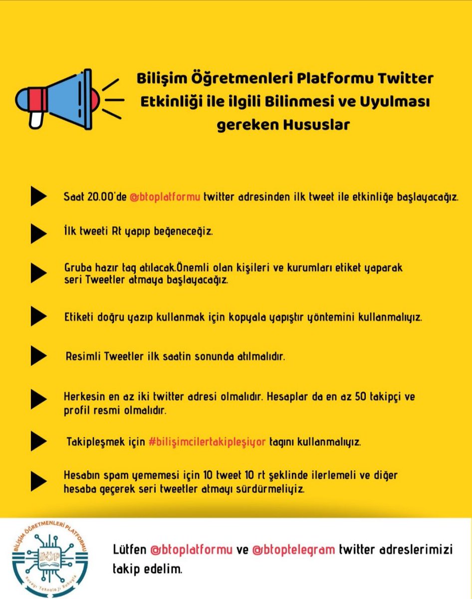 aktifbilisimci's tweet photo. Bu akşam saat 20.00'da twitter etkinliği için herkesin desteğini bekliyoruz.

Twitter etkinliğimizde attığımız Tweetlerin kabul görmesi ve etkili bir twitter etkinliği için görseldeki yönergelere uyalım.
#BilisimcilerTakiplesiyor https://t.co/8oIP96ySeC