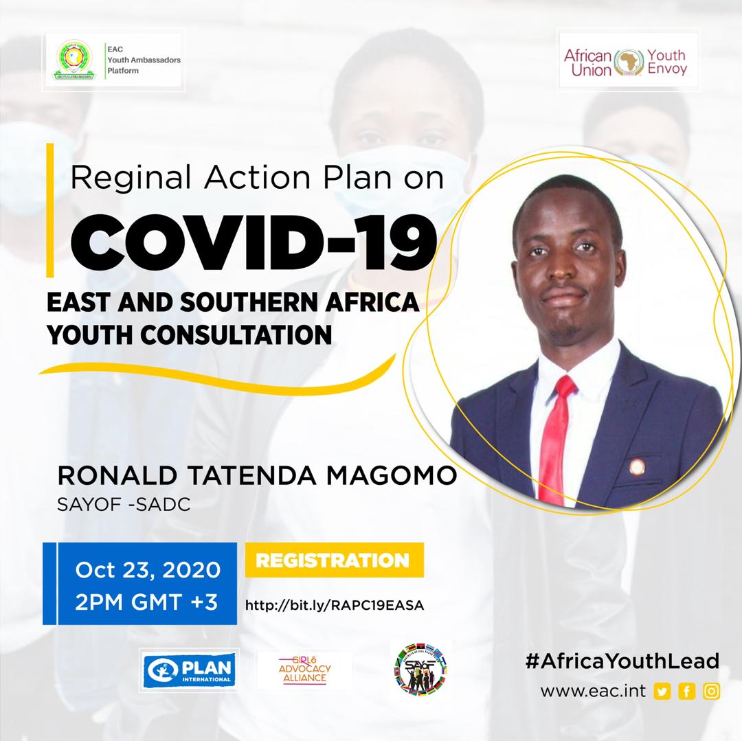 RonaldMagomo_'s tweet photo. I will be moderating the 1st session of the East and Southern Africa Youth Consultation on the Regional Action Plan on Covid-19. Register to join at: https://t.co/fVcw2rmILy #AfricaYouthLead #AYFC @OkokoOwen @arafat_bakir @NYDT1 @faryus88 @EAC_Dialogue @auyouthenvoy_ https://t.co/r3xhfQx8qU