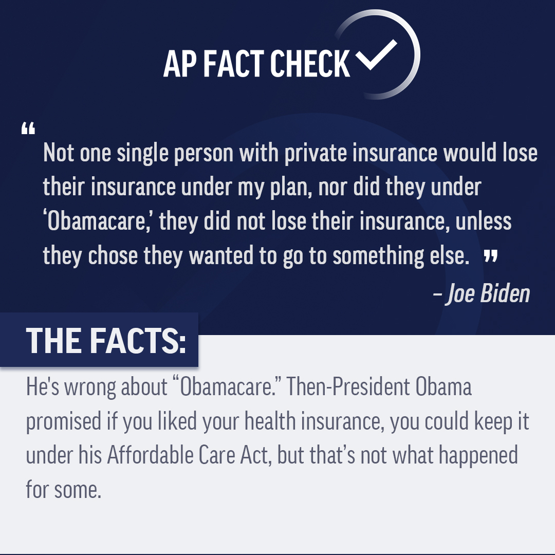 AP's tweet image. The #APFactCheck team reviews Joe Biden&apos;s statement about health insurance. #Debates2020 

Read more: apne.ws/QHhbL9y