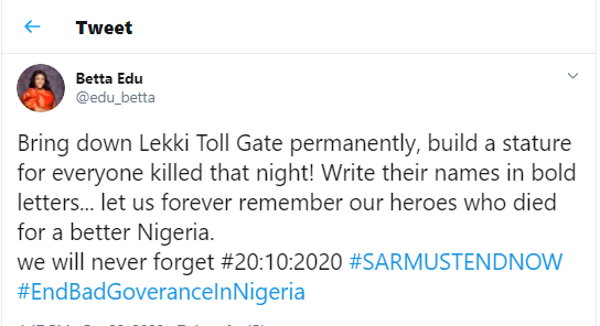 Naija_PR's tweet photo. Bring down Lekki toll gate permanently and build a statue for every one killed that night-Cross River State Commissioner,  Dr, Betta Edu https://t.co/75d8vsDhU1