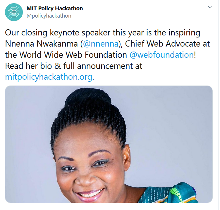 nnenna's tweet photo. I will work this weekend.  Not just because @webfoundation is passionate about #GeneratingEvidence via research but also because @MITpolicylab  and @policyhackathon are worth it.  

Hackathons are the meeting point for :
*Research
*Youth
*Innovation 
*Creativity and 
The FUTURE https://t.co/1U8SQk2z4K