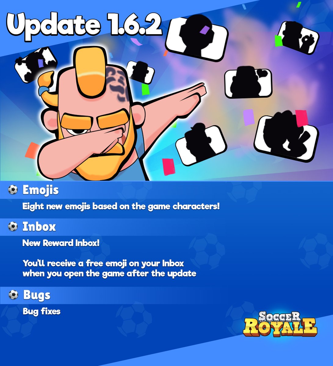 SoccerRoyale's tweet photo. Soccer Royale 1.6.2 is now live! We're bringing a new Inbox system and it will reward you with one of the eight new emotes! 

There are also some changes under the hood for future updates! https://t.co/mJzI61tneu