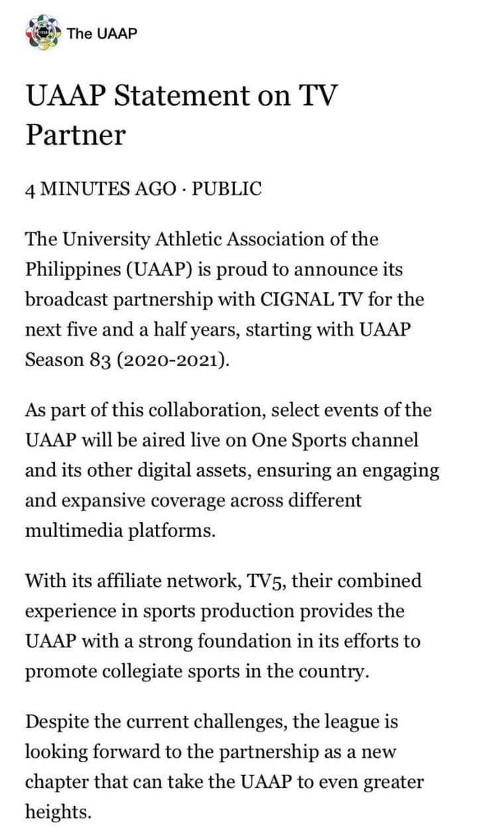 BREAKING: The UAAP selects Cignal TV as the league’s official broadcasting partner for the next six seasons. Fans can watch games live on TV 5’s One Sports and other affiliate channels on Cignal starting Season 83.