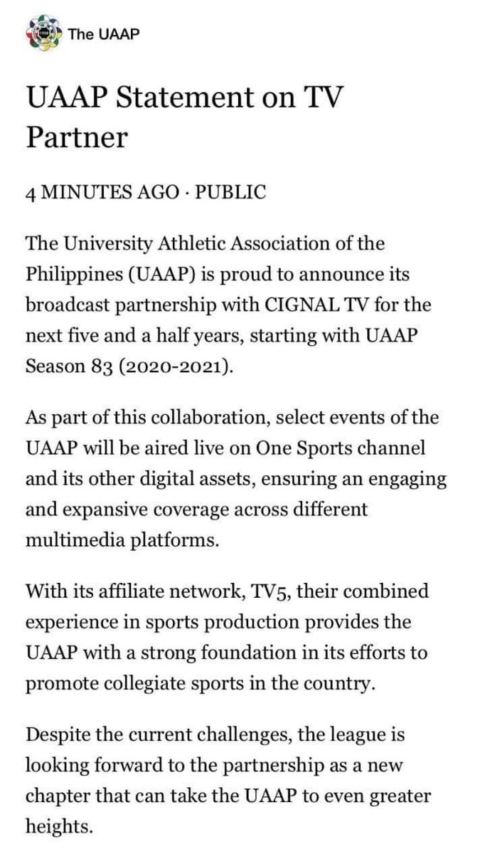 TheGUIDONSports's tweet image. BREAKING: The UAAP selects Cignal TV as the league’s official broadcasting partner for the next six seasons. Fans can watch games live on TV 5’s One Sports and other affiliate channels on Cignal starting Season 83.