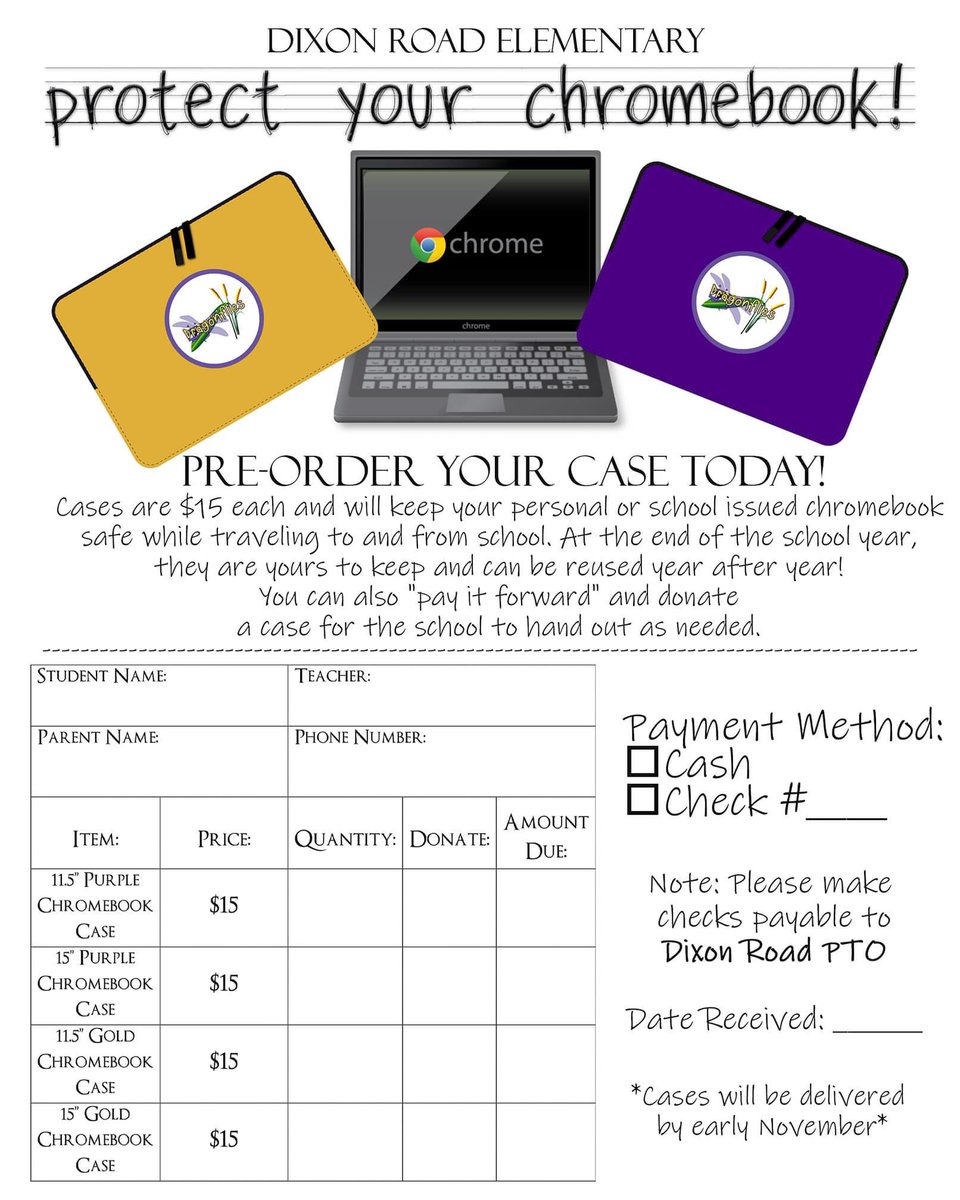 Preorder your DRES Chromebook cases now! First round of orders are due next Friday, Oct 30th. FYI- school chromes are 11.5" 💻