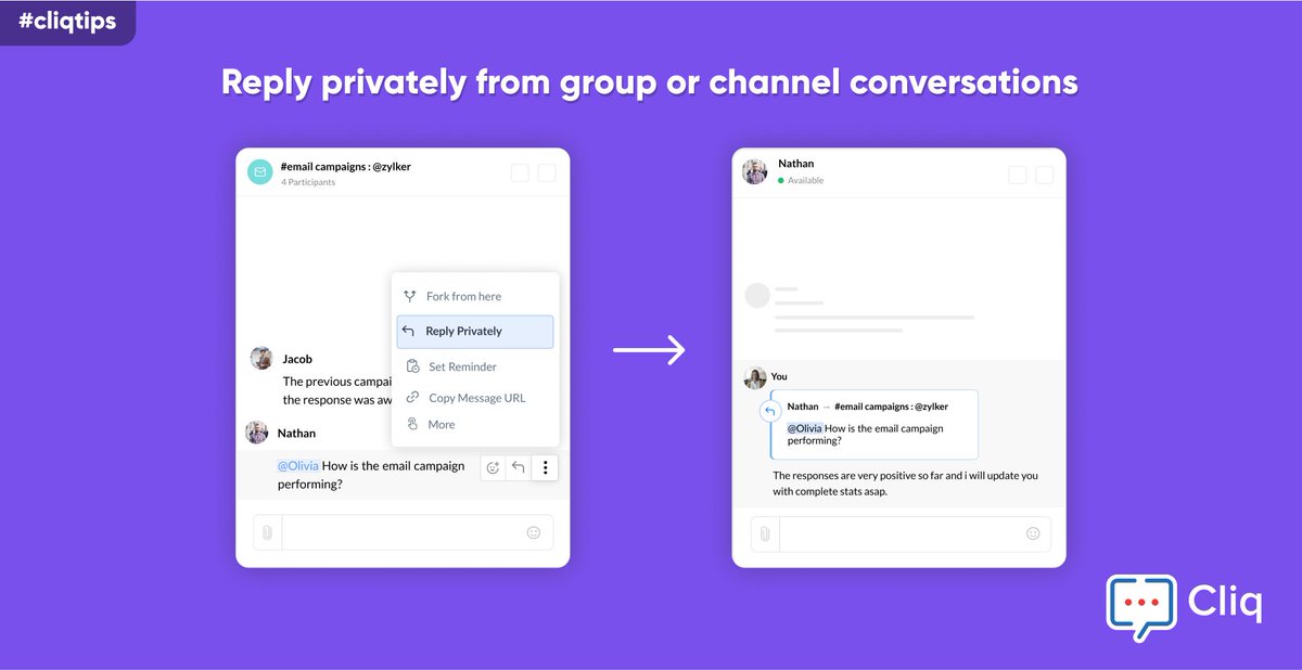 ZohoCliq's tweet photo. React and respond on the spot without exiting from the group chat window!

Reply privately to a particular message sent in a group or a channel conversation by simply hovering over the message and selecting the Reply Privately option from the actions icon. 

#ZohoCliqTips https://t.co/KTBexwY2S5