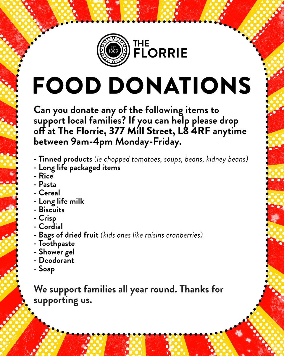 TheFlorrie's tweet photo. We've had lots of people asking what food is the best to donate for us to support families, so here's a list of what's the most useful for us.

Massive thanks to everyone who has already donated. We support families all year round &amp; we really couldn't do it without your help! ❤️ https://t.co/mpV6iBA3mr