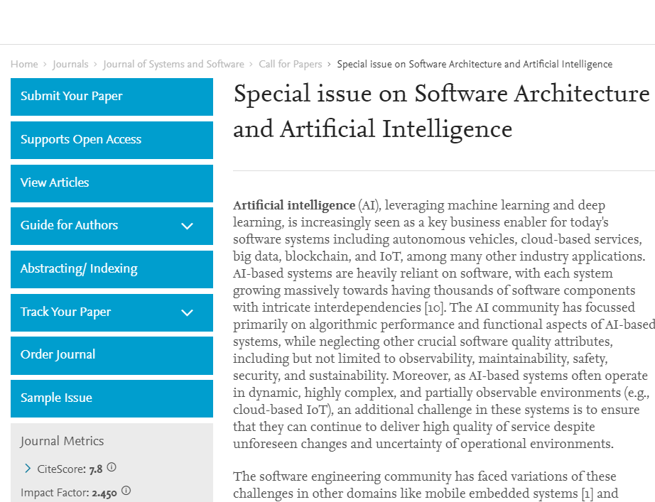 Special Issue of <a href="/JSSoftware/">Journal of Systems and Software</a>
 on "Software Architecture and Artificial Intelligence" 
🌐 journals.elsevier.com/journal-of-sys… 
🗓️ Submissions deadline: Jan 11. 
Co-edited by <a href="/IMalavolta/">Ivano Malavolta</a> <a href="/muccinihenry/">Henry Muccini</a> <a href="/ipekozkaya/">Ipek Ozkaya</a>