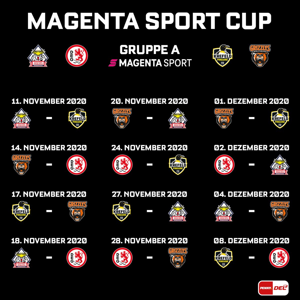 DELoffiziell's tweet photo. Vom 11.11. an spielen insgesamt 8 Clubs der PENNY DEL auf Einladung der #Telekom den #MagentaSportCup. Aufgeteilt in 2 Gruppen mit 4 Mannschaften bestreitet jedes Team 6 Partien. Die beiden besten Clubs jeder Gruppe ziehen ins Halbfinale ein. Das Finale steigt am 12. oder 13.12. https://t.co/pTJheRk9zI