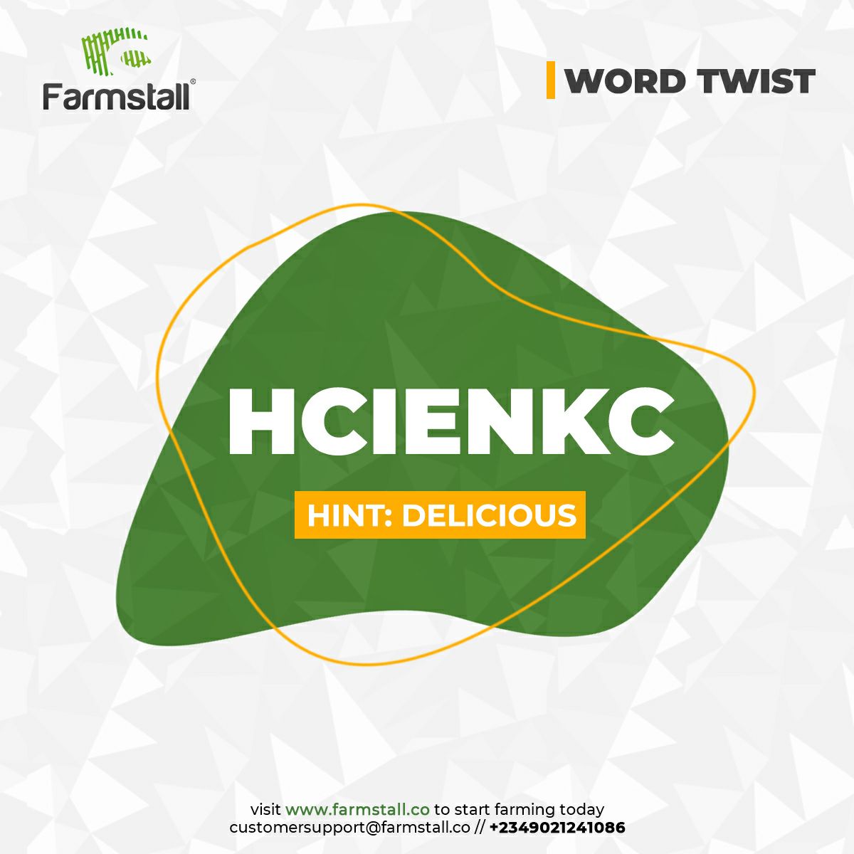 farmstall_co's tweet photo. It's Fridayy!!! 🤸🤸🤸
Rearrange the twisted word to form a single word.
Let's have your answers below 👇 LEGO!
#quiz #farmtrivia #trivia #farmstallquiz #investment #agriculture #investinagriculture #farmstall #farmstalllivestock #farmstallproduce#tgif #agricbusiness https://t.co/UIxvaa5Ump
