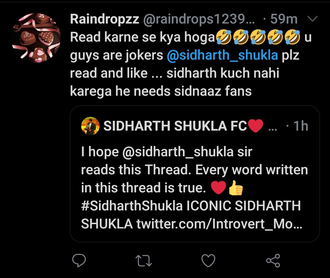 Sharing few SS how they are abusing our another FC  @SidShukla_1and torturing him to delete his tweet He even Deactivated his ID several times and left twitter because of abuses getting from  #Shehnaazians and  #Sidnaazians to get Mental Peace #SidharthShukla