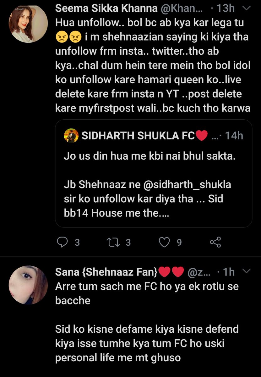 Sharing few SS how they are abusing our another FC  @SidShukla_1and torturing him to delete his tweet He even Deactivated his ID several times and left twitter because of abuses getting from  #Shehnaazians and  #Sidnaazians to get Mental Peace #SidharthShukla