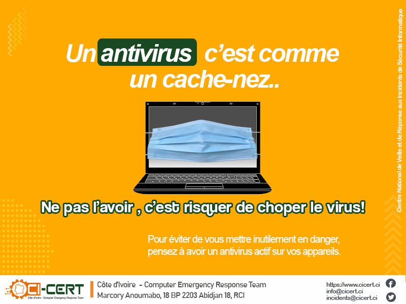 CI__CERT's tweet photo. Avez-vous des antivirus installés sur vos machines (ordinateurs, smartphones) ? Si ce n'est pas le cas, il serait temps d'en avoir! @MenupCi @ANSUT_CI @artcitic @abidjan_net @RTIOfficiel 
#Ccom
#OctobreCybersec20 https://t.co/whlGezGiHb
