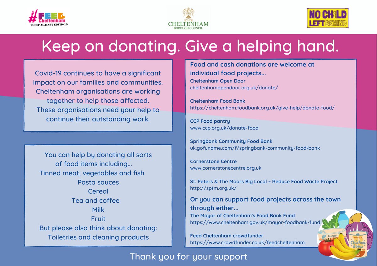 CheltenhamBC's tweet photo. Eligible local families will have access to free meals this half term thanks to amazing #community organisations in #Cheltenham. Find out how to get help &amp; support OR how to give support by #donating #food or cash. 
https://t.co/vJSo6R3i58
#kindness #nochildleftbehind #hungerfree https://t.co/ztL6EIGV3G