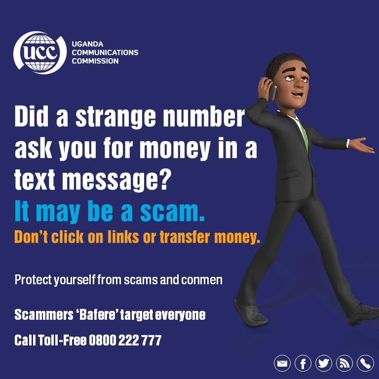 ConsumerUCC's tweet photo. #BafereAlert
Be wary of strange text messages asking you to transfer money. @UCC_Official @UCC_ED @bbossa @Airtel_Ug @mtnug @Uganda_Telecom @africellUG @SmileComsUG https://t.co/lc1XMnsysS