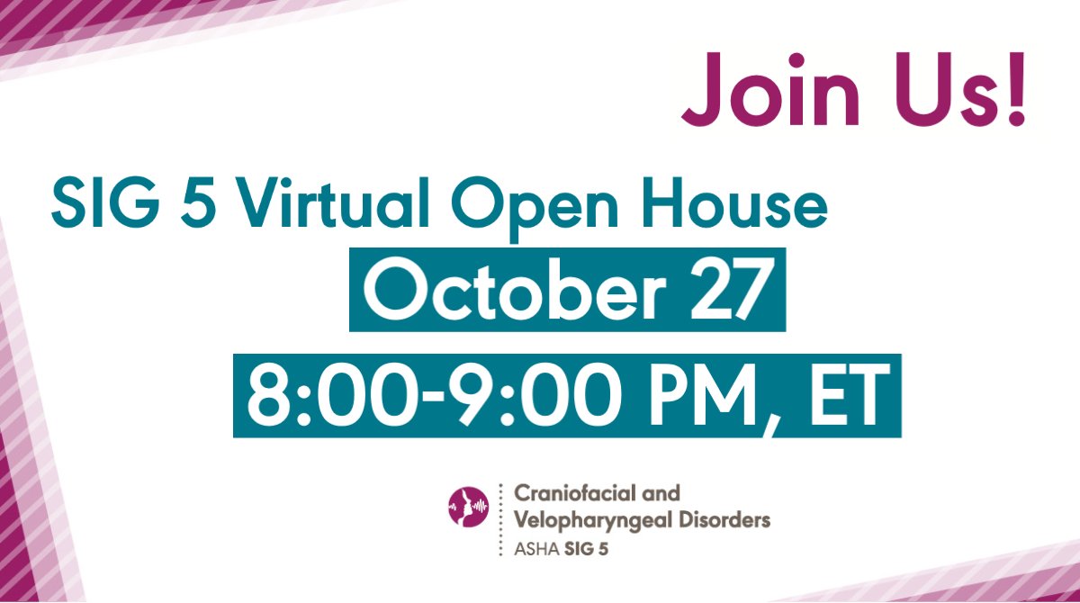 ASHAWeb's tweet photo. Join us at the #ASHASIG5 open house! Network with colleagues interested in craniofacial and velopharyngeal disorders. Learn more about #ASHASIGS.
Oct 27, 8 PM; ET
Register in advance for this meeting:
https://t.co/A745OA1fXF
#SLPeeps #slp2b https://t.co/HcwbVVm2uj