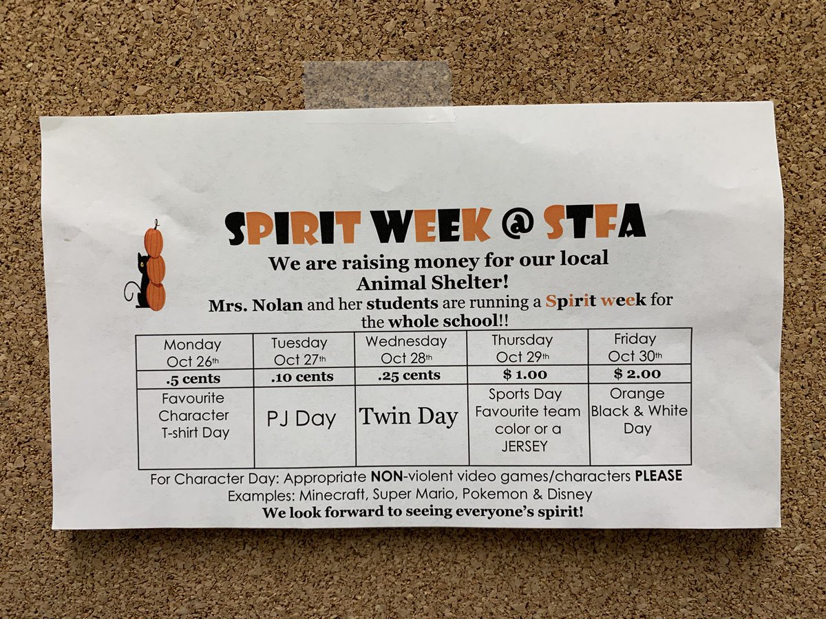 Good Morning, Wolfpack! Get ready for our first #SpiritWeek! Thanks to @MsBaxbysclass, we have some super fun days planned for next week - check it out! 👇 @alcdsb #stfadiscipleship