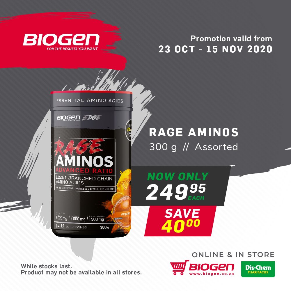BiogenSA's tweet photo. Be better than your best with these epic deals! SAVE on our premium performance range - #BiogenRAGE 🏆. Deals valid until 15 November. Available in-store and online 🛒 @Dischem
👉 https://t.co/OCcuYGjc4W https://t.co/HmTrVNNBkH