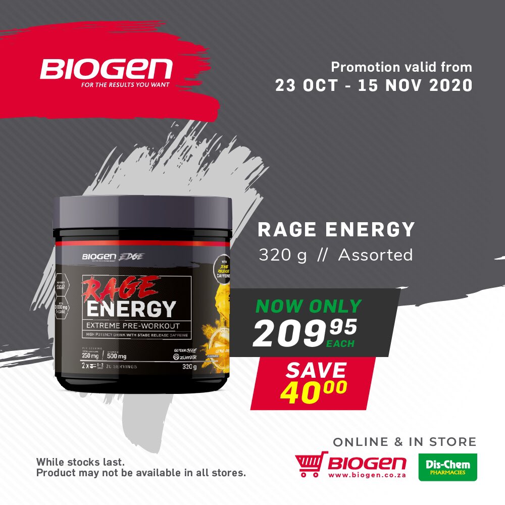 BiogenSA's tweet photo. Be better than your best with these epic deals! SAVE on our premium performance range - #BiogenRAGE 🏆. Deals valid until 15 November. Available in-store and online 🛒 @Dischem
👉 https://t.co/OCcuYGjc4W https://t.co/HmTrVNNBkH