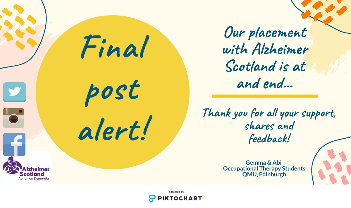 AhpDementia's tweet photo. 📢 Last post alert! 📢 
Thank you for joining in with our weekly activity series over the last 5 weeks! We have appreciated all the support throughout our placement with Alzheimer Scotland.  

Many thanks
@abi_OTstudent &amp; @_gemmaOT 💜😊 https://t.co/z668WyFezs