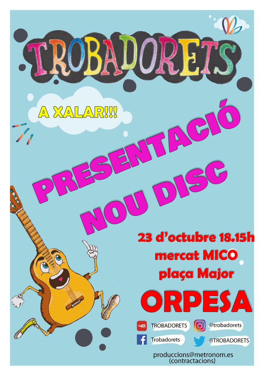 TROBADORETS's tweet photo. 🌞BON DIA BONICURES🌞
Ha arribat el dia de presentar el nou disc.
Ho farem a les 18'15 al #MercatMICO d'Orpesa.
VOS ESPEREM!!! https://t.co/AEbqg8f2ij