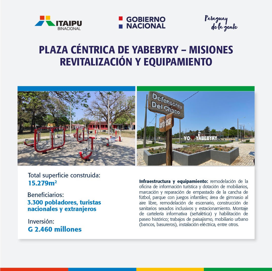 Esta mañana se inauguran las mejoras realizadas en la plaza céntrica “San  Francisco Solano” de Yabebyry, Misiones, financiadas por la  #ITAIPUBinacional. La revitalización y equipamiento del espacio recreativo  beneficiará a 3.300 pobladores
