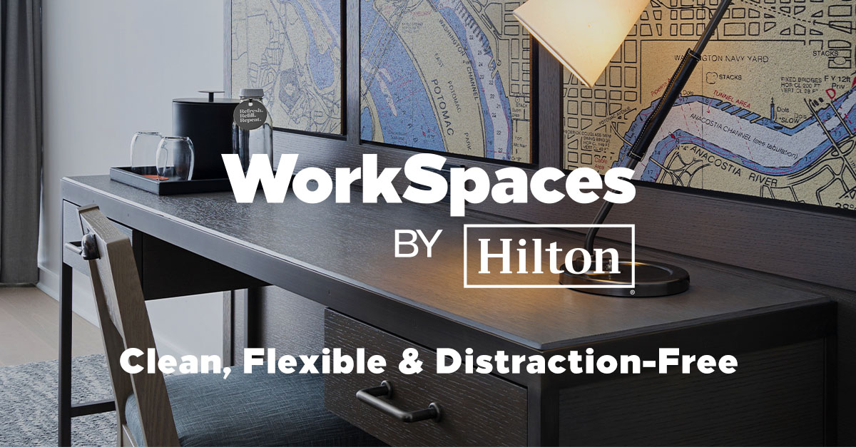 HiltonPublicSec's tweet photo. Supercharge your team’s productivity with distraction-free WorkSpaces by Hilton. Now, companies and individuals seeking clean and convenient remote office space can book rooms for the day, plus the added peace of mind of Hilton CleanStay™. #WorkSpacesByHilton https://t.co/aWtL7Tr7jW