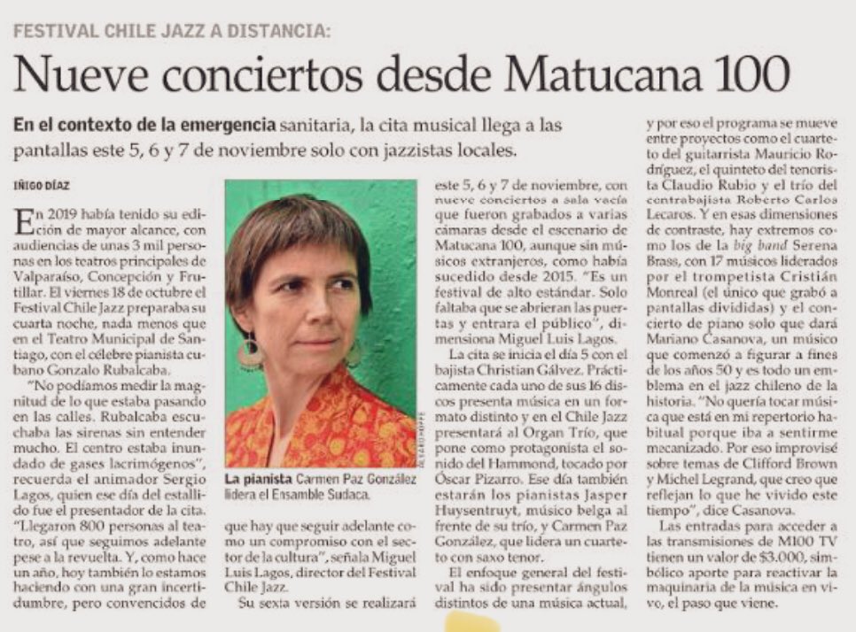 info_navarro's tweet photo. Festival Chile Jazz, grabado en @Matucana100, solo con artistas locales, desde el 5 de noviembre. @cgumucio https://t.co/9OR4RX7L30