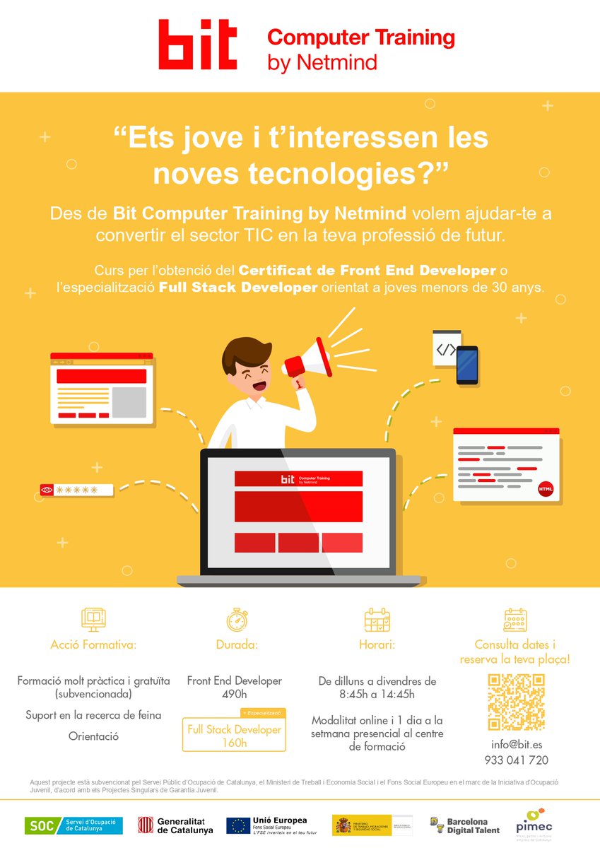 bitctraining's tweet image. 📢 Ets jove i t&apos;interessen les noves tecnologies? Des de 
@bitctraining t&apos;ajudem a convertir el sector #TIC 📲 personal en la teva professió de futur.

Amb formació i orientació 100% subvencionada en #FrontEnd #Developer o #FullStackDeveloper

Informa&apos;t a👉bit.ly/2HsoWQn