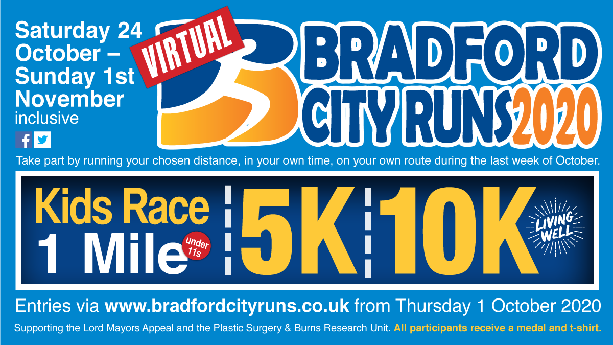bradfordmdc's tweet photo. Virtual Bradford City Runs 2020 starts tomorrow! There's still time to enter. Run your race at a time that suits you while raising money for the Lord Mayors Appeal and the Plastic Surgery &amp; Burns Research Unit. #BCR2020 @MyLivingWell1   https://t.co/YNyEfyBblB https://t.co/OMHtoBLMkl
