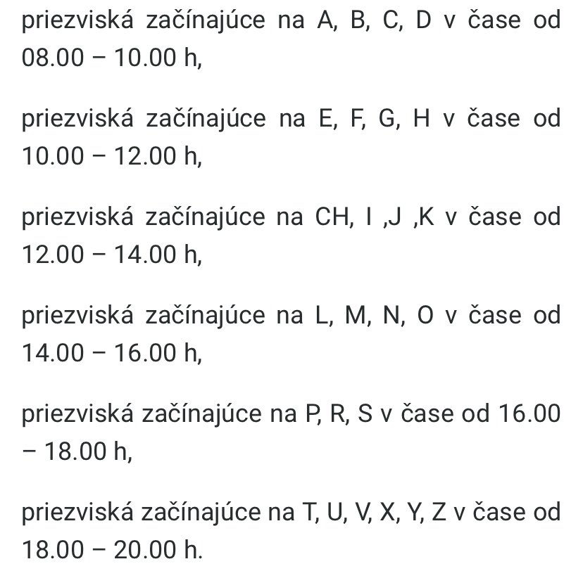 PeterKolarovec's tweet photo. Rozdeliť ľudí do rovnomerných časových segmentov podľa začiatočného písmena priezviska je síce naívne riešenie, ale za to amatérske. To už si radšej každý mohol hodiť kockou a podľa čísla sa zardiť do segmentu. https://t.co/18dV2Nfoxw