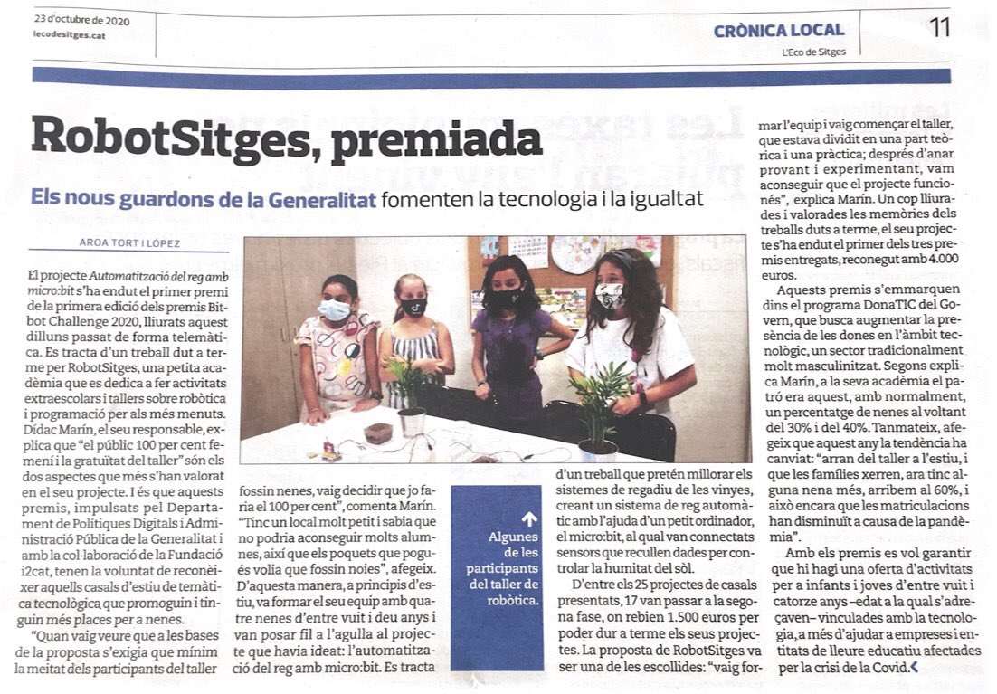 RobotSitges's tweet image. @robotsitges rep el primer premi dels #bitbotchallenge2020 

Ho podeu llegir a @lecodesitges