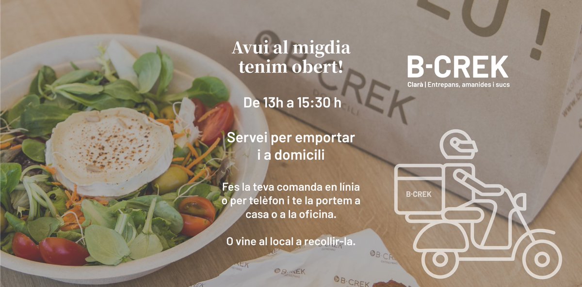 Ep! Que avui al migdia tenim obert! 

Servei a domicili i recollida al local!

Aprofita i fes la teva comanda!

Tu fas #crek

#bcrek #bcrekclarà #bcrekacasa