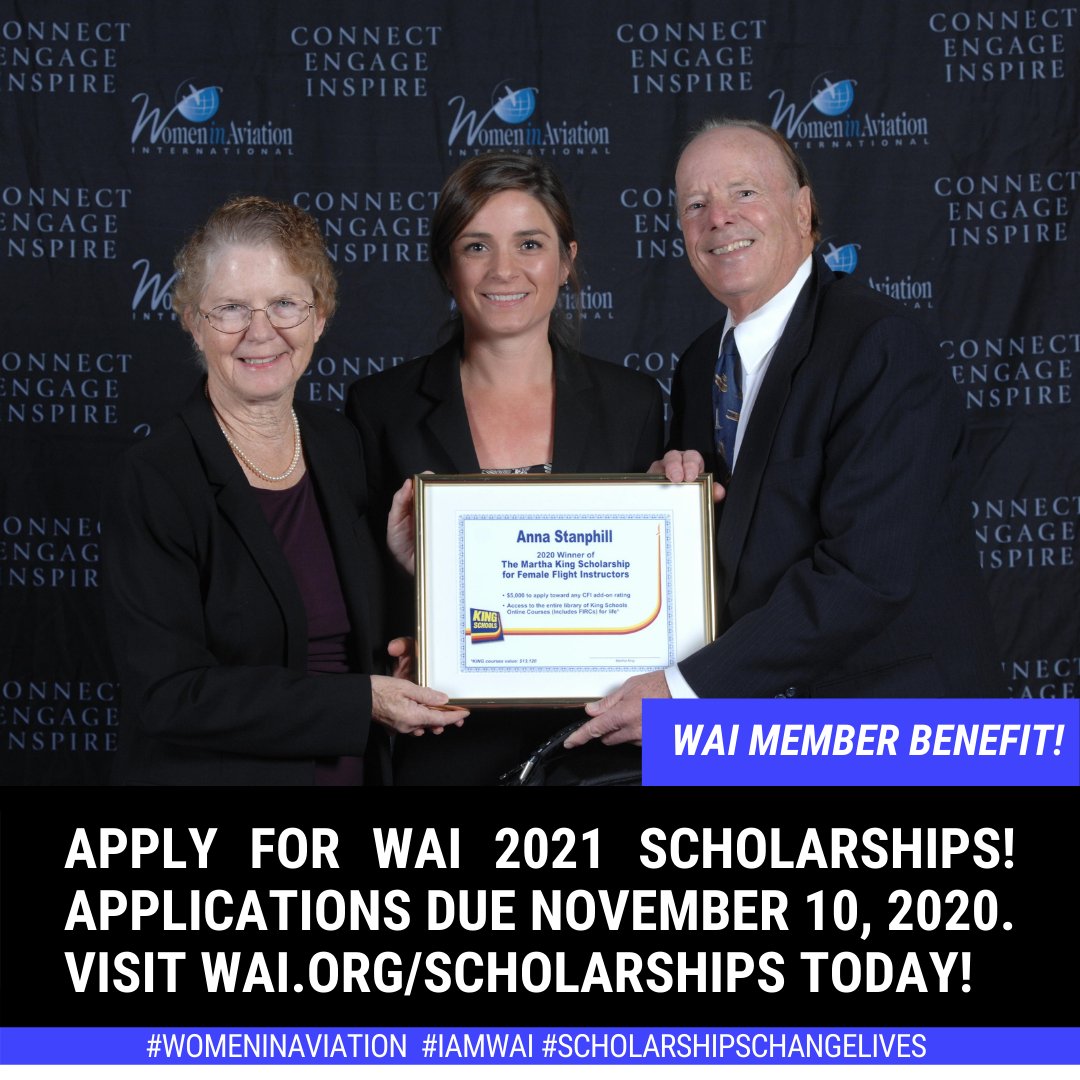 WomenInAviation's tweet photo. WAI members as of November 1, 2020, can apply for up to three 2021 scholarships. Applications are due November 10, 2020. More than 80 scholarships valued at $382,105 are being offered. Visit https://t.co/QV4taSqaMT for all the details! #WomeninAviation #IamWAI https://t.co/eAX5I2owXZ