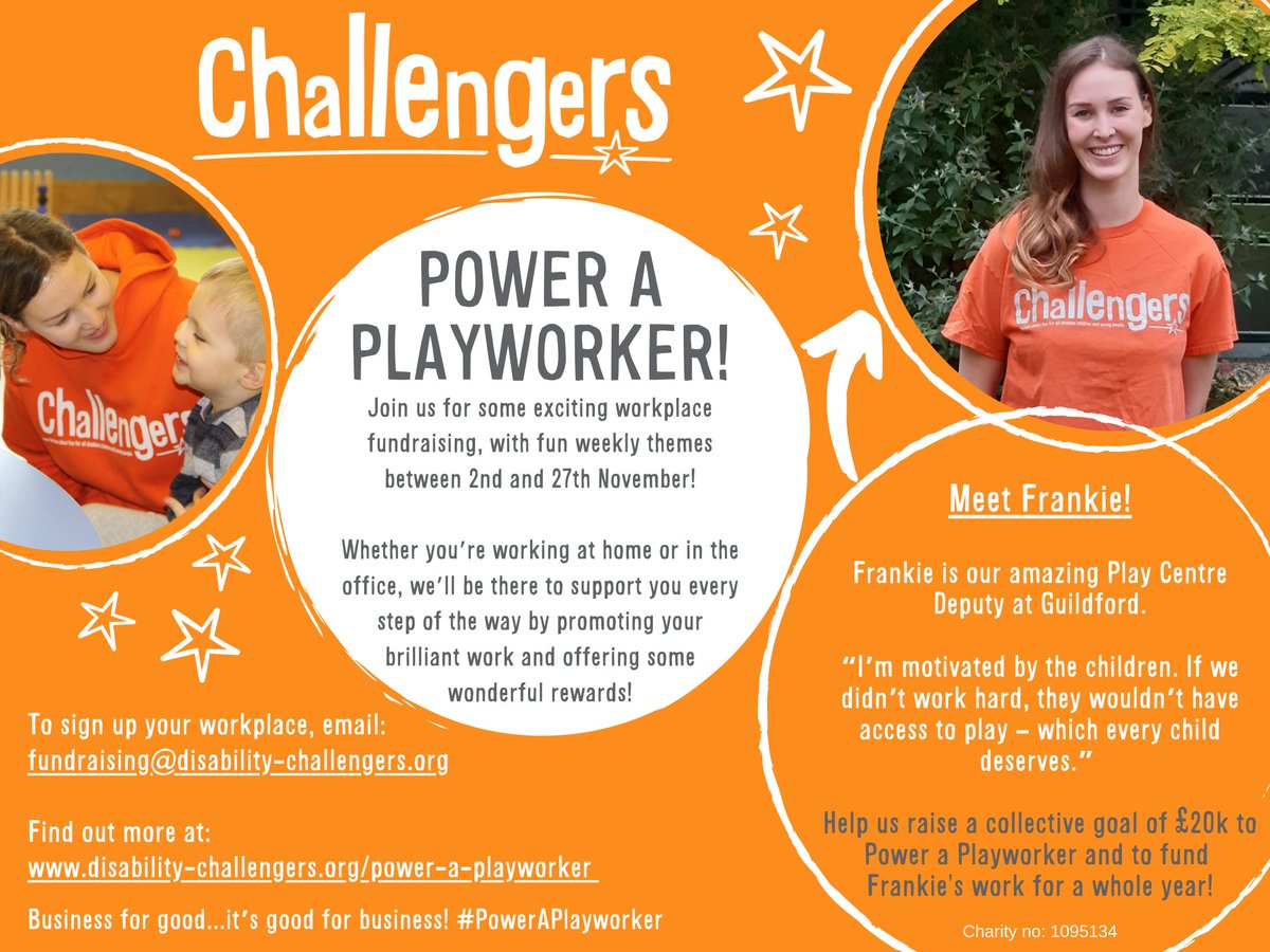 Sign up your business or workplace to help us Power A Playworker!

Whether you're working at home or in an office, unite your colleagues with fun team-building and fundraising activities! Could you host a quiz, an orange Zoom call, or a fitness challenge?

disability-challengers.org/power-a-playwo…
