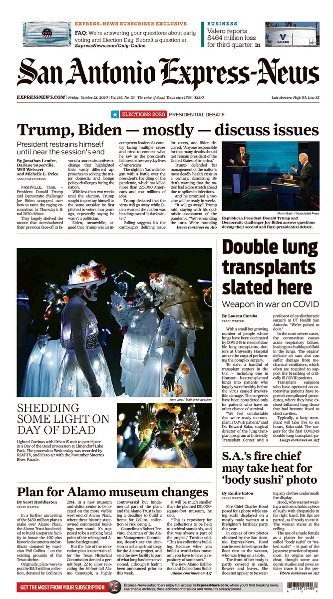 MarcDuvoisin's tweet photo. On today's @ExpressNews p. 1, three outstanding reporters break big stories on their beats: @LaurenCaruba on double-lung transplants, @emilieeaton on fire chief's misstep, @shuddlestonSA on unraveling of Alamo Plan. Stunning Day of Dead art by @fotografolara. Design @3milioSAEN https://t.co/xGwSxGTLAM