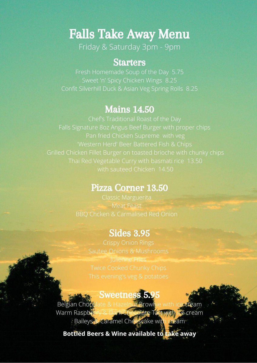 Fallshotel's tweet photo. Our Bar Food Take Away is still available on Friday & Saturdays from 4pm-9pm! Our popular Sunday carvery will be on from 1pm-4pm every Sunday. #Takeaway https://t.co/6VPMXnhTfZ