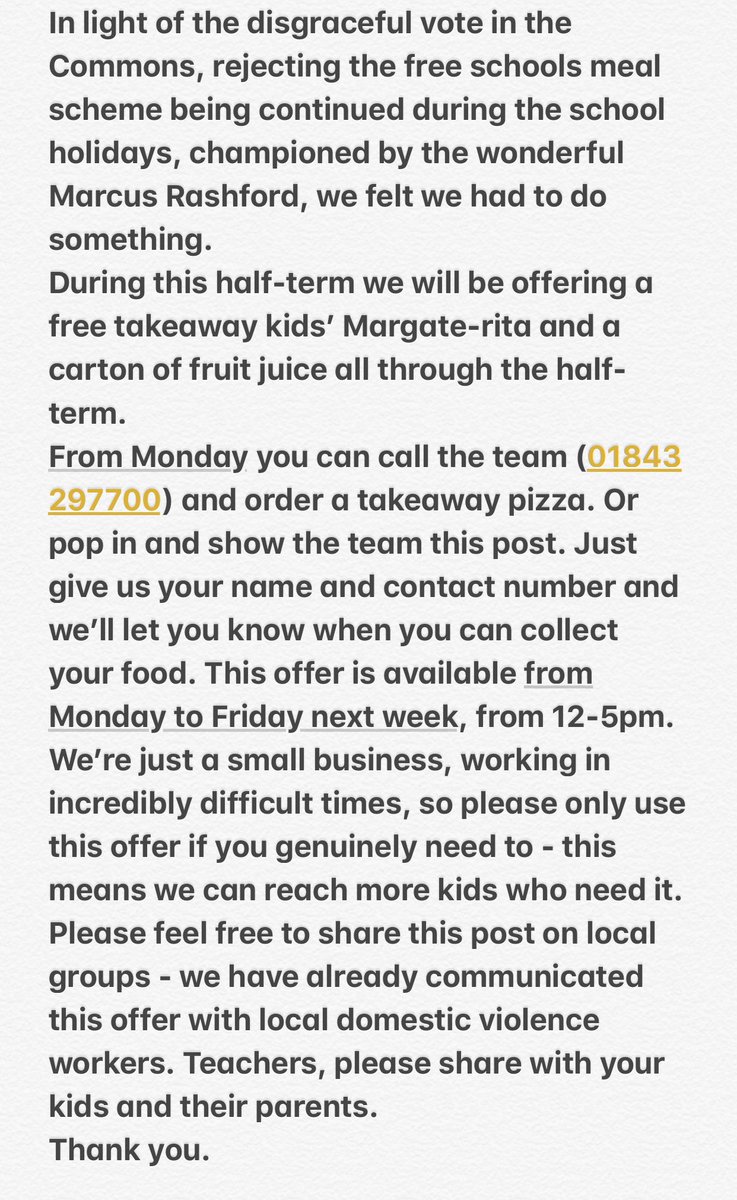 gbPizzaCo's tweet photo. A free kid’s Margate-rita and fruit juice for Thanet kids next week.

.@MarcusRashford #FreeSchoolMeals #Margate #Thanet https://t.co/ml1siIKTj9