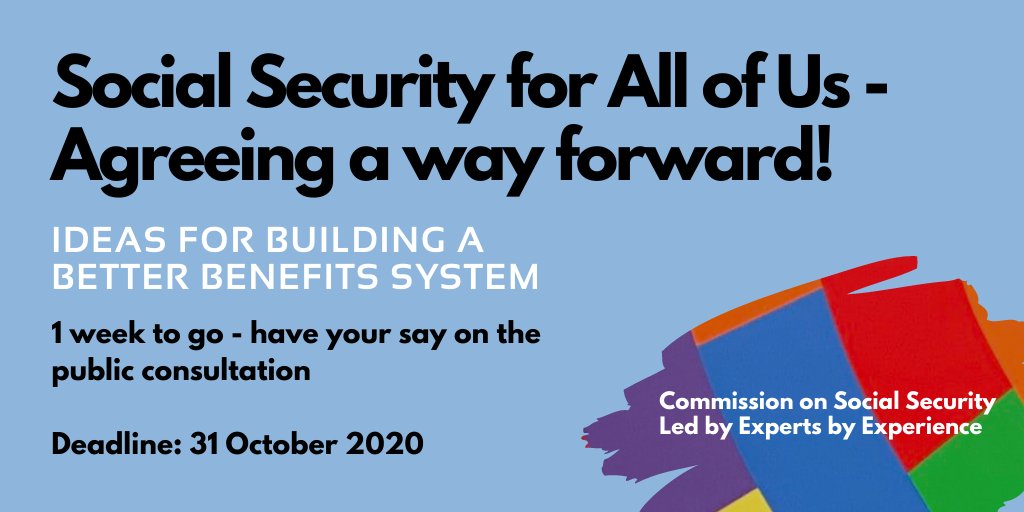 trustforlondon's tweet image. 📢 It’s officially a week to go until the deadline to feed back on the #CommissionOnSocialSecurity’s public consultation, offering proposals for building a better #BenefitsSystem &amp;amp; led by experts-by-experience

Don’t miss out - have your say by 31 Oct: bit.ly/CoSSweb