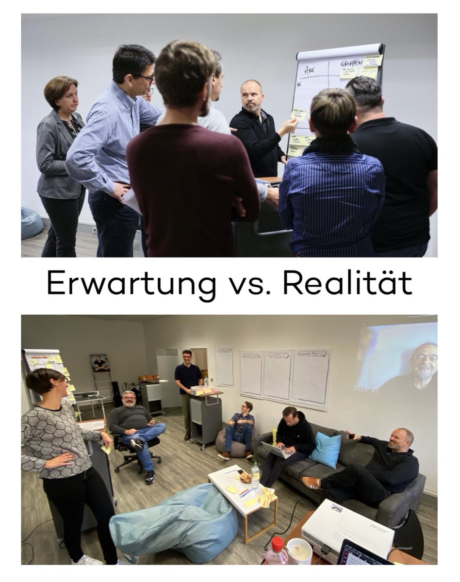 Wenn wir uns zum Teammeeting treffen, dann ist uns Nähe sehr wichtig - blöd nur wenn eine globale Pandemie größere Distanz erforderlich macht. Also rücken wir 1,5 - 2 Meter auseinander (und lassen die Fenster offen). Unsere Erwartung entspricht also nicht der möglichen Realität.