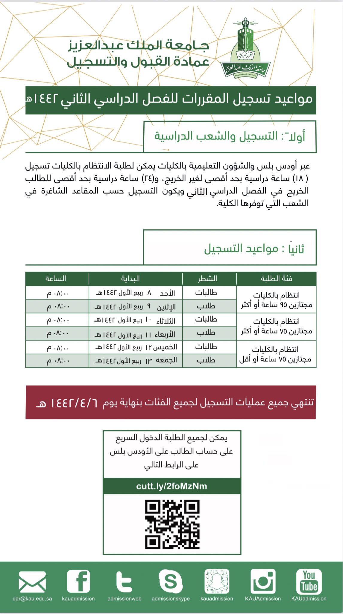 جامعة الملك عبد العزيز عمادة القبول والتسجيل