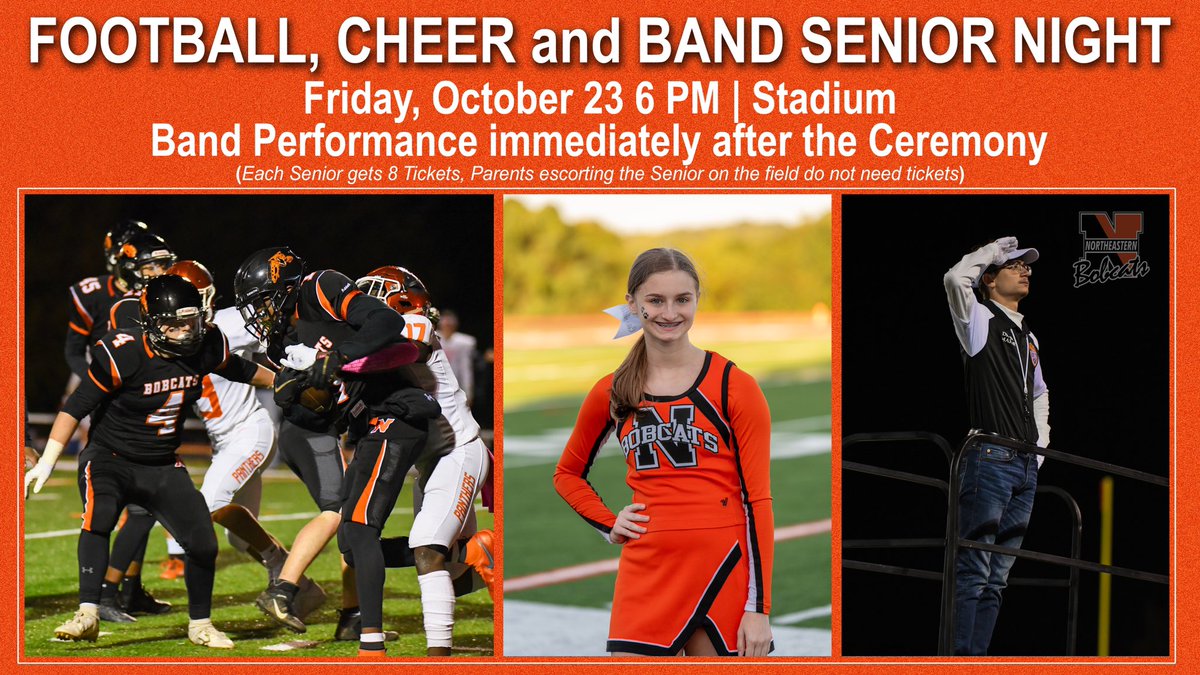NORTHEASTERN SENIOR NIGHT
Football - Cheer - Band
<a href="/NESD/">Northeastern Bobcats</a> <a href="/NEHS_FB/">NE FOOTBALL TEAM</a> <a href="/nebobcatscheer/">Northeastern Bobcats Cheer</a> <a href="/NEMusicDept/">NE Music Department</a> @CrebsCassidie <a href="/kaden81765746/">kaden hamilton</a> <a href="/drstaceysidle/">Stacey Sidle</a> <a href="/drrandipayne/">Randi Payne</a> @mathewgaynesd @kisatrtle @GretaYoka