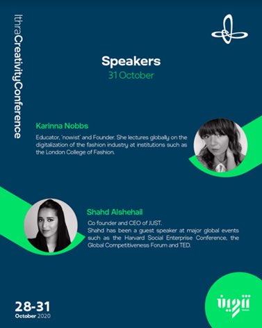 KarinnaGrant's tweet photo. Next Sat I can’t wait to share the @Ithra stage with @ShahdAlShehail to talk about the relationship btwn #digitalfashion and #sustainability - you can watch for FREE here https://t.co/cLcESDJRRE https://t.co/8MGWrr1IbF